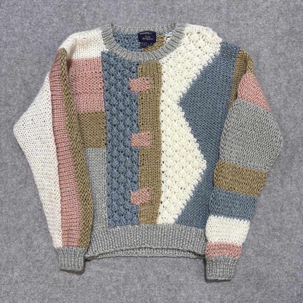 Lady Ballymoor Hand Knit Patchwork Sweater Multi Color Chunky Texture Pullover M
